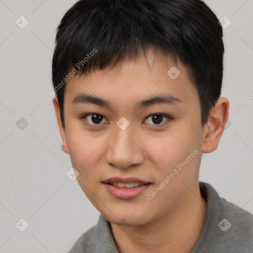 Joyful asian young-adult male with short  brown hair and brown eyes
