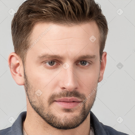 Neutral white young-adult male with short  brown hair and grey eyes