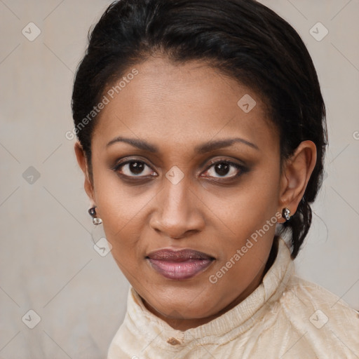 Joyful latino young-adult female with medium  brown hair and brown eyes