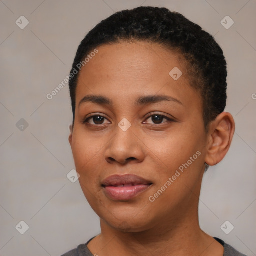 Joyful black young-adult female with short  black hair and brown eyes