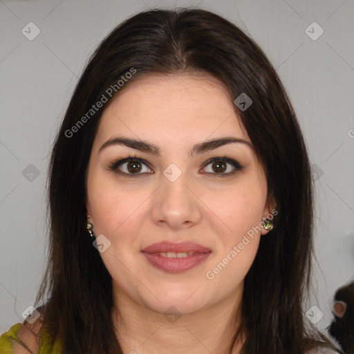 Joyful white young-adult female with long  brown hair and brown eyes