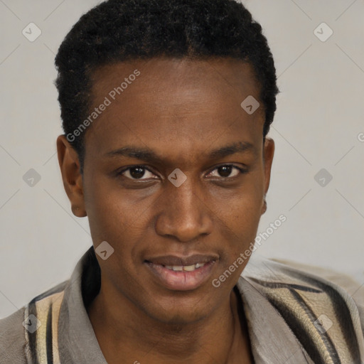 Joyful black young-adult male with short  black hair and brown eyes