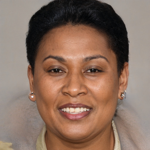 Joyful black adult female with short  brown hair and brown eyes