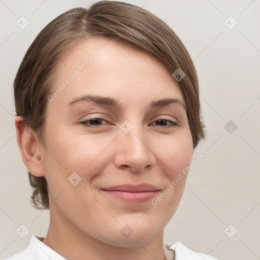 Joyful white young-adult female with medium  brown hair and brown eyes