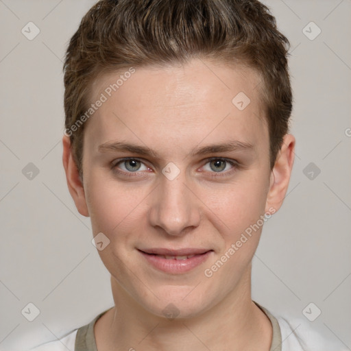 Joyful white young-adult female with short  brown hair and grey eyes