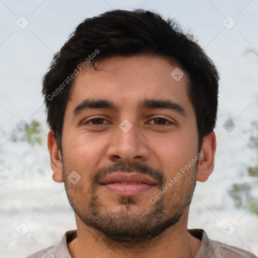 Neutral asian young-adult male with short  black hair and brown eyes