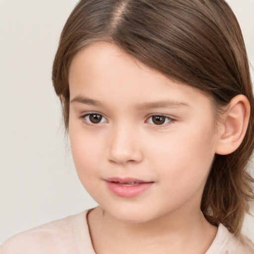 Joyful white child female with medium  brown hair and brown eyes