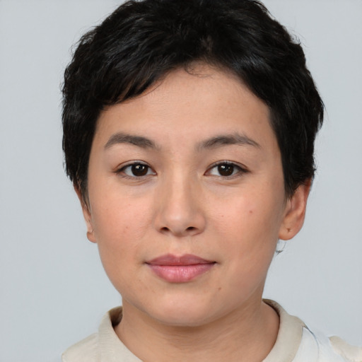 Neutral asian young-adult female with short  black hair and brown eyes