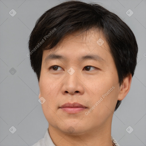 Joyful asian adult male with short  brown hair and brown eyes