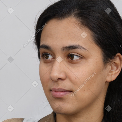 Neutral asian young-adult female with long  brown hair and brown eyes