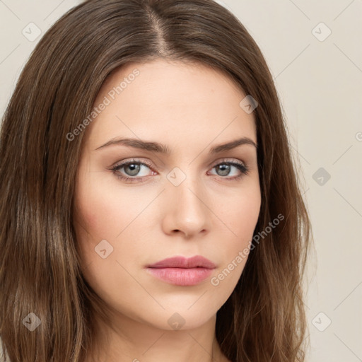 Neutral white young-adult female with long  brown hair and brown eyes