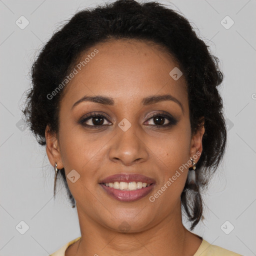 Joyful black young-adult female with long  brown hair and brown eyes