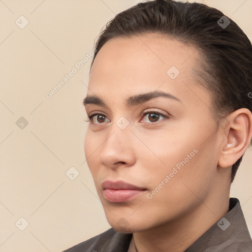 Neutral white young-adult female with short  brown hair and brown eyes