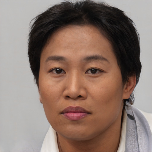 Joyful asian young-adult female with short  brown hair and brown eyes