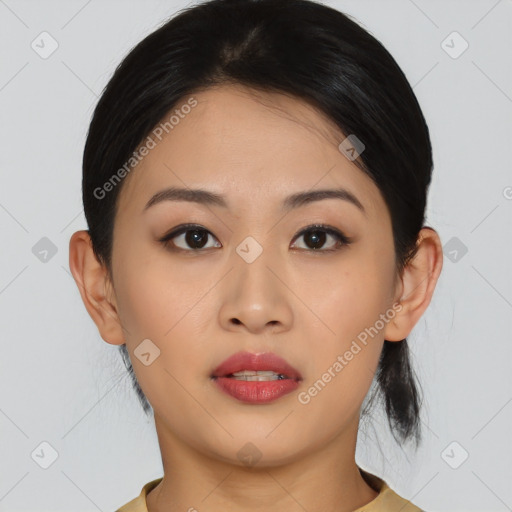 Neutral asian young-adult female with medium  black hair and brown eyes