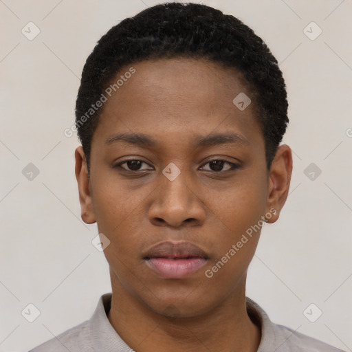 Neutral black young-adult female with short  black hair and brown eyes