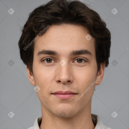 Neutral white young-adult male with short  brown hair and brown eyes