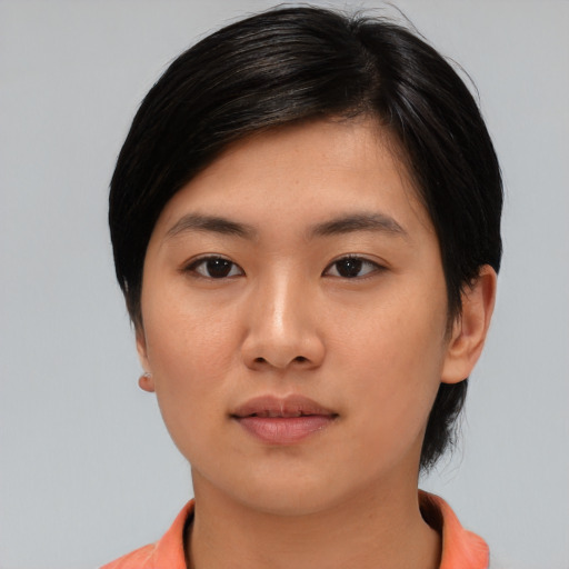Neutral asian young-adult female with medium  black hair and brown eyes