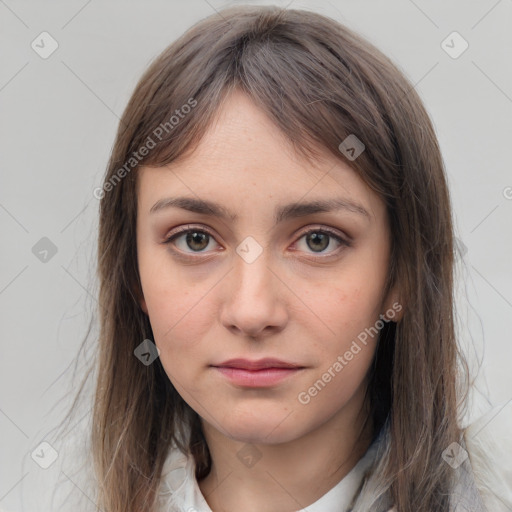 Neutral white young-adult female with medium  brown hair and grey eyes