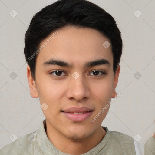 Joyful asian young-adult male with short  brown hair and brown eyes