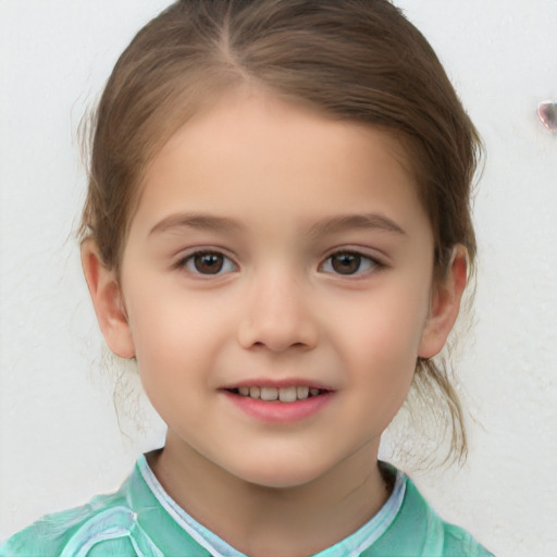 Joyful white child female with medium  brown hair and brown eyes