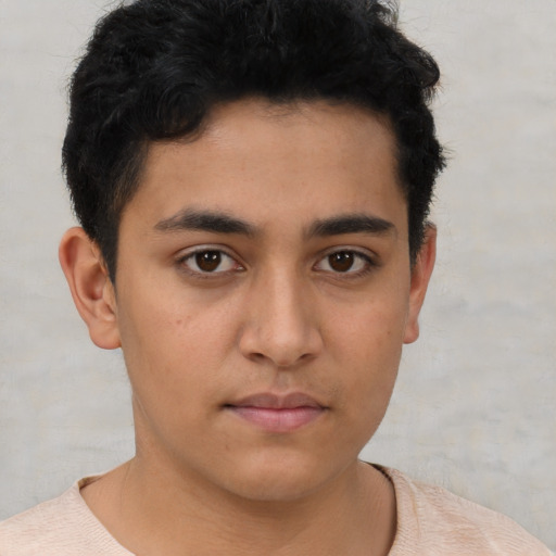 Neutral latino young-adult male with short  brown hair and brown eyes