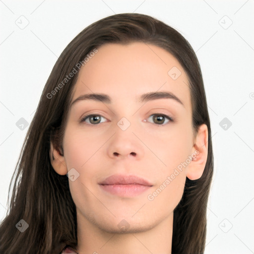 Neutral white young-adult female with long  brown hair and brown eyes