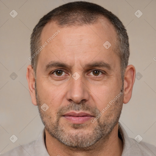 Neutral white adult male with short  brown hair and brown eyes