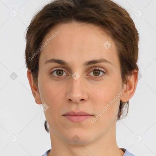 Neutral white young-adult female with short  brown hair and brown eyes