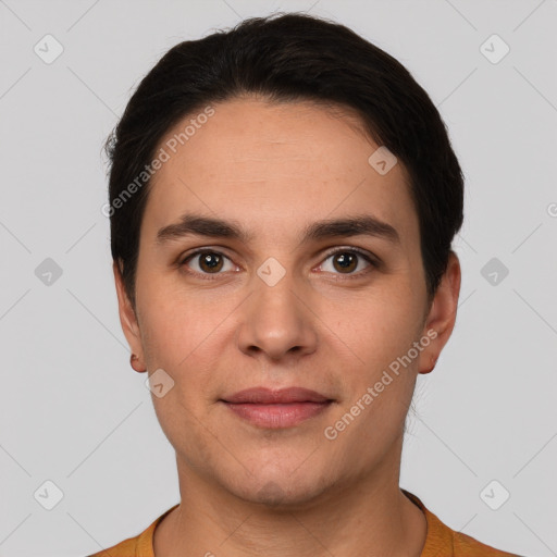 Joyful white young-adult male with short  brown hair and brown eyes