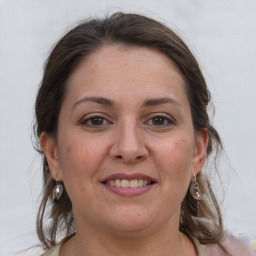 Joyful white adult female with medium  brown hair and grey eyes