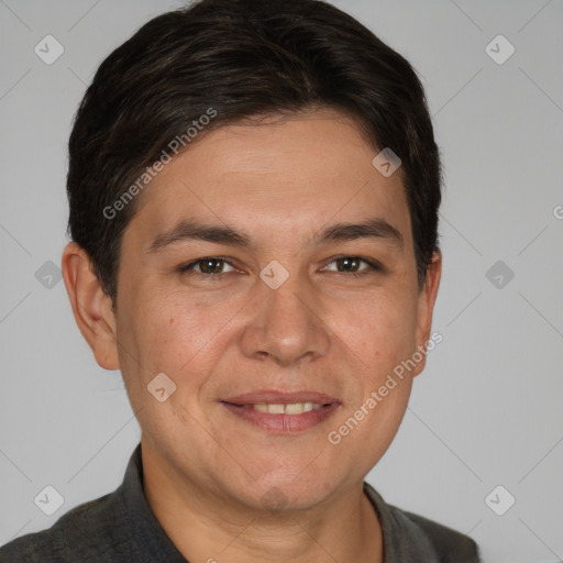 Joyful white adult male with short  brown hair and brown eyes