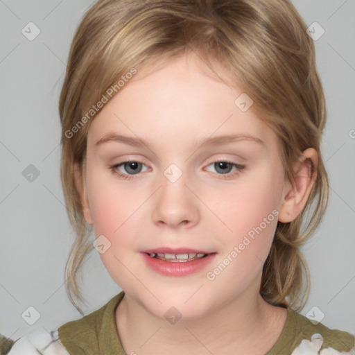 Joyful white child female with medium  brown hair and grey eyes