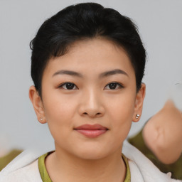 Neutral asian young-adult female with short  black hair and brown eyes