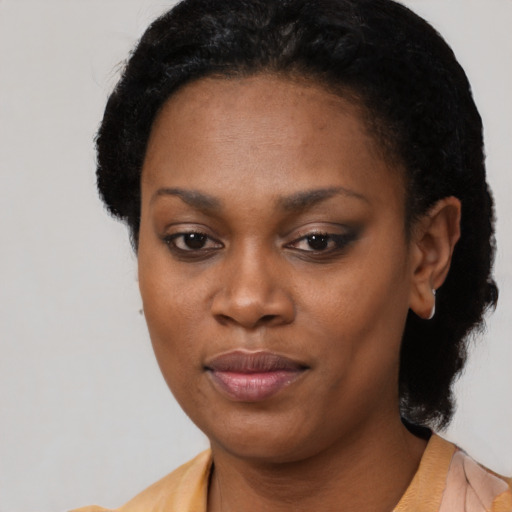 Neutral black young-adult female with short  black hair and brown eyes