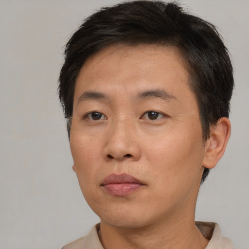 Neutral asian adult male with short  brown hair and brown eyes