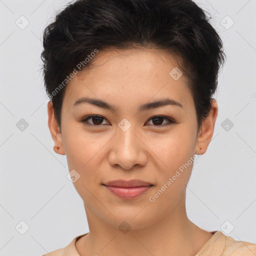 Joyful asian young-adult female with short  brown hair and brown eyes