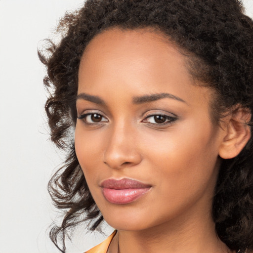 Neutral black young-adult female with long  brown hair and brown eyes