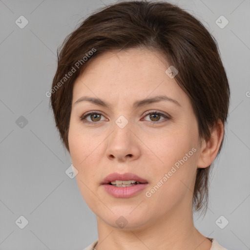 Joyful white young-adult female with medium  brown hair and brown eyes