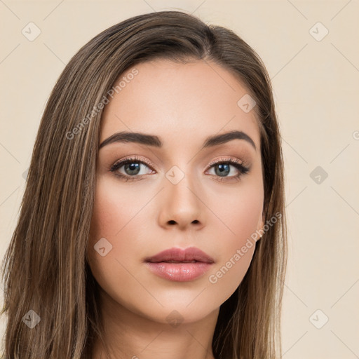 Neutral white young-adult female with long  brown hair and brown eyes