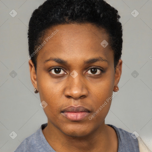 Neutral black young-adult female with short  black hair and brown eyes