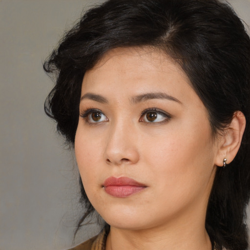 Neutral asian young-adult female with long  brown hair and brown eyes