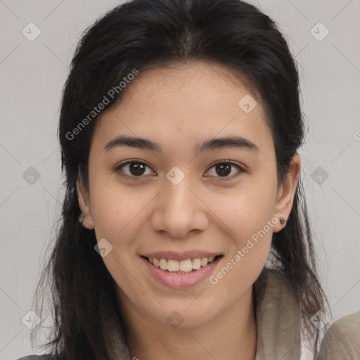 Joyful white young-adult female with long  brown hair and brown eyes