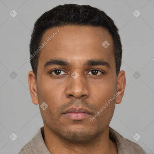 Neutral latino young-adult male with short  black hair and brown eyes