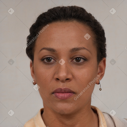 Neutral latino adult female with short  brown hair and brown eyes