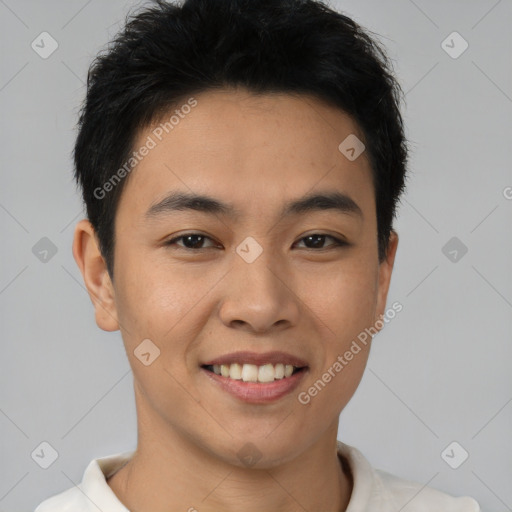 Joyful latino young-adult male with short  brown hair and brown eyes