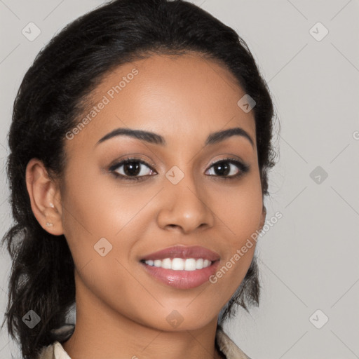 Joyful latino young-adult female with long  brown hair and brown eyes