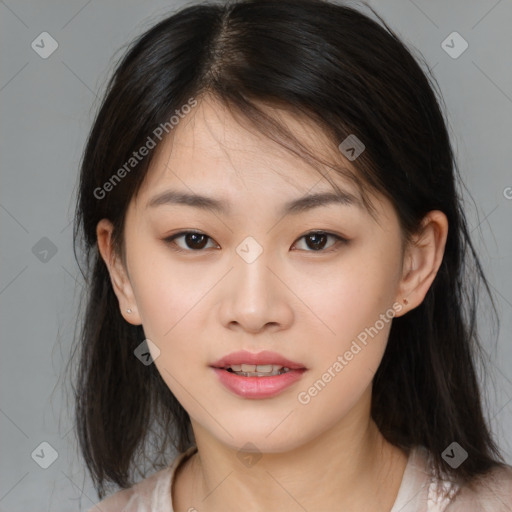 Neutral asian young-adult female with medium  brown hair and brown eyes