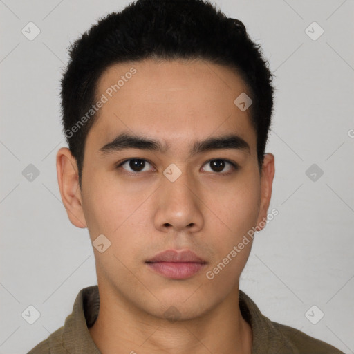 Neutral asian young-adult male with short  black hair and brown eyes