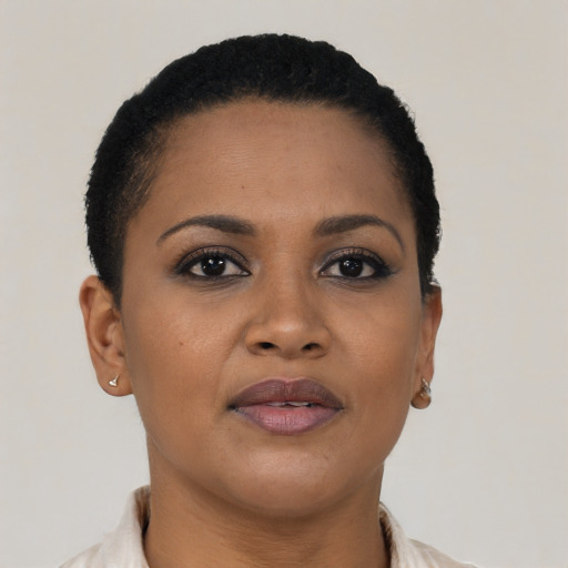 Joyful black young-adult female with short  brown hair and brown eyes